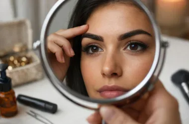 Γυναίκα που κοιτάζει τα φρύδια της στον καθρέφτη