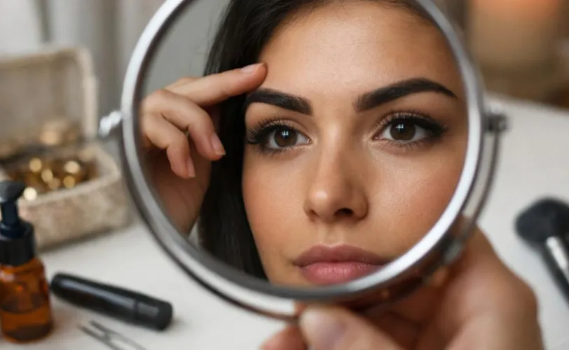 Γυναίκα που κοιτάζει τα φρύδια της στον καθρέφτη